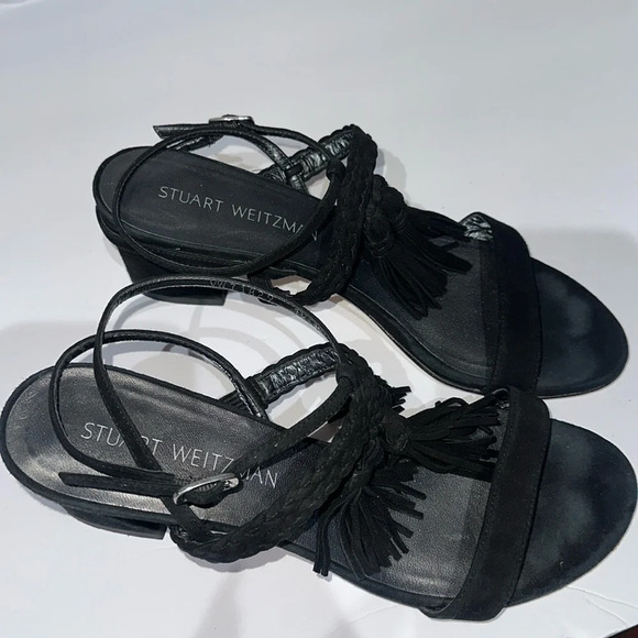 Stuart Weitzman Black Suede Tassel Mania Heeled Sandal size 7.5 - Picture 4 of 7